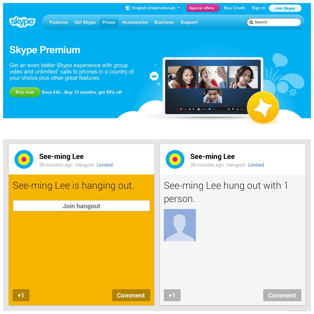 “Skype screen share becomes premium; Google+ Hangout = free;” $MSFT $GOOG / SML.20130123.SC.NET.Comm.Tools.Skype.Google.