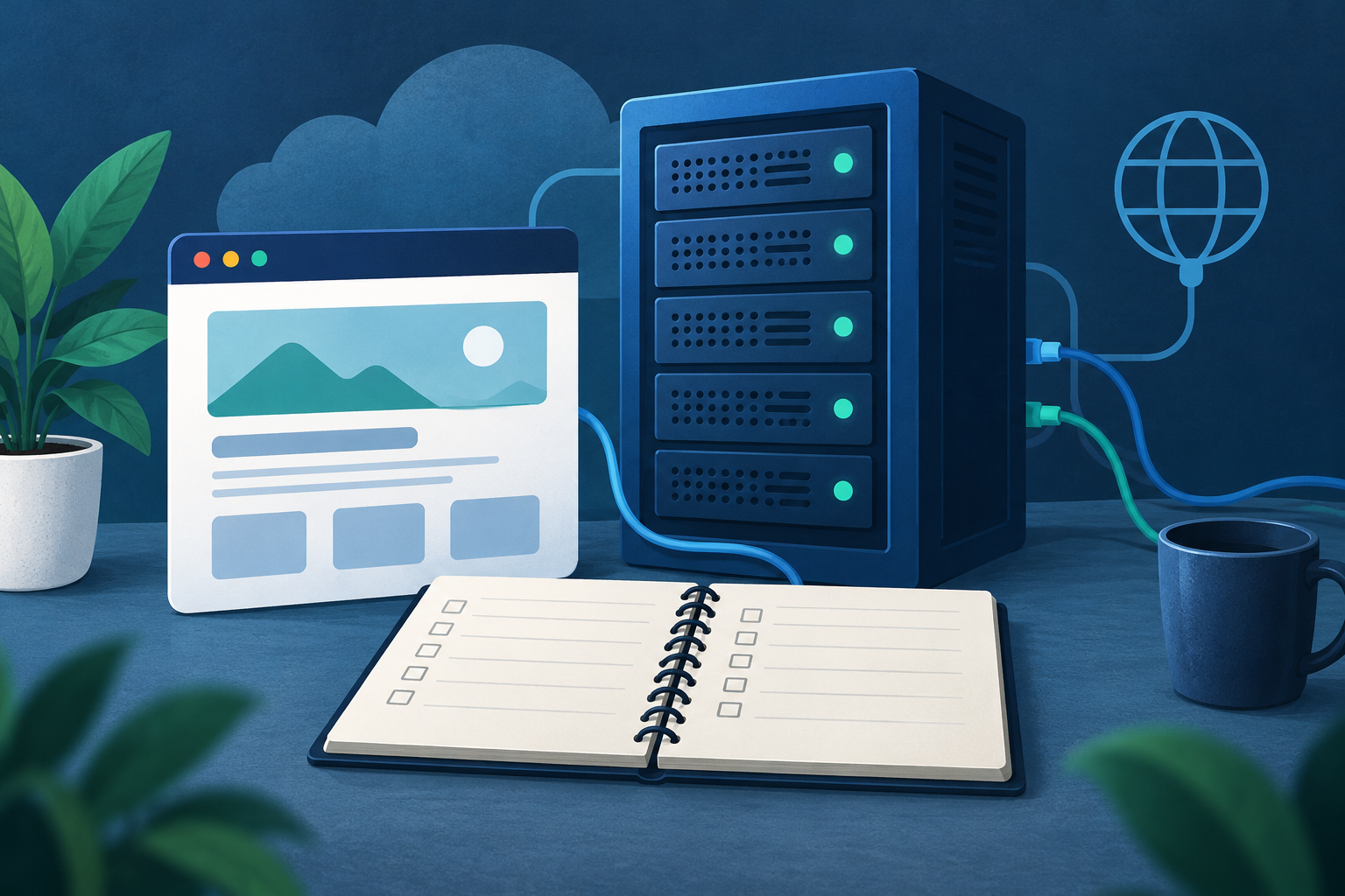 Conceptual illustration of a blue server cabinet beside a website card and blank hosting evaluation checklist.